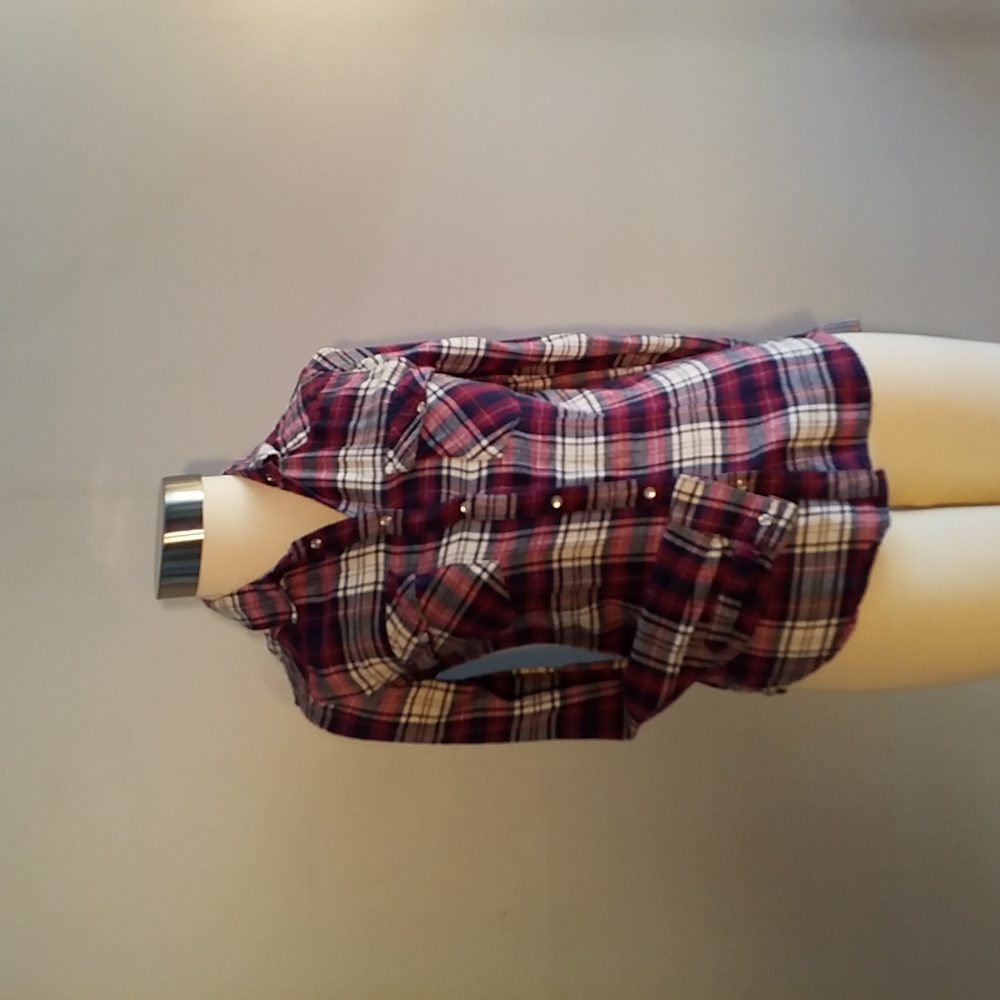 3/$25 PLAID BLOUSE CHARLOTTE RUSSE S SNAP FRONT Soft Flannel Rust Navy Cream